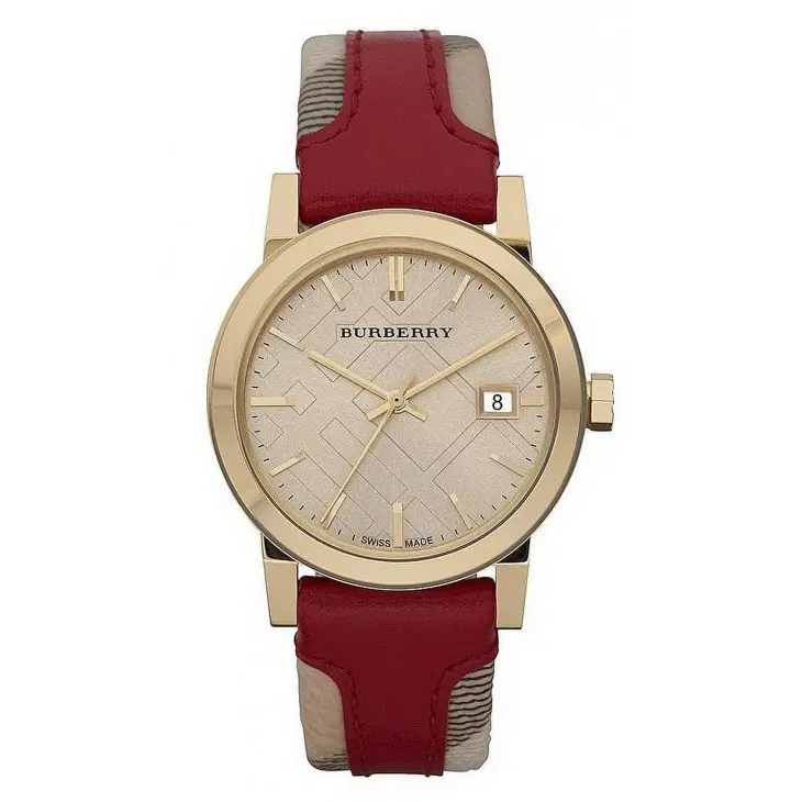 Burberry BU9111 Women's Swiss Haymarket Check Fabric & Red Leather Band Watch