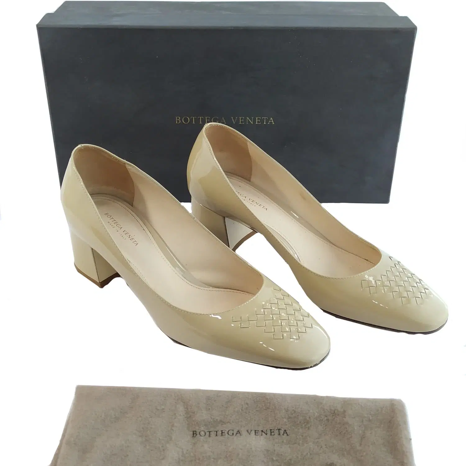 Bottega Veneta Intrecciato Detail Patent Leather Block Heel Pumps
