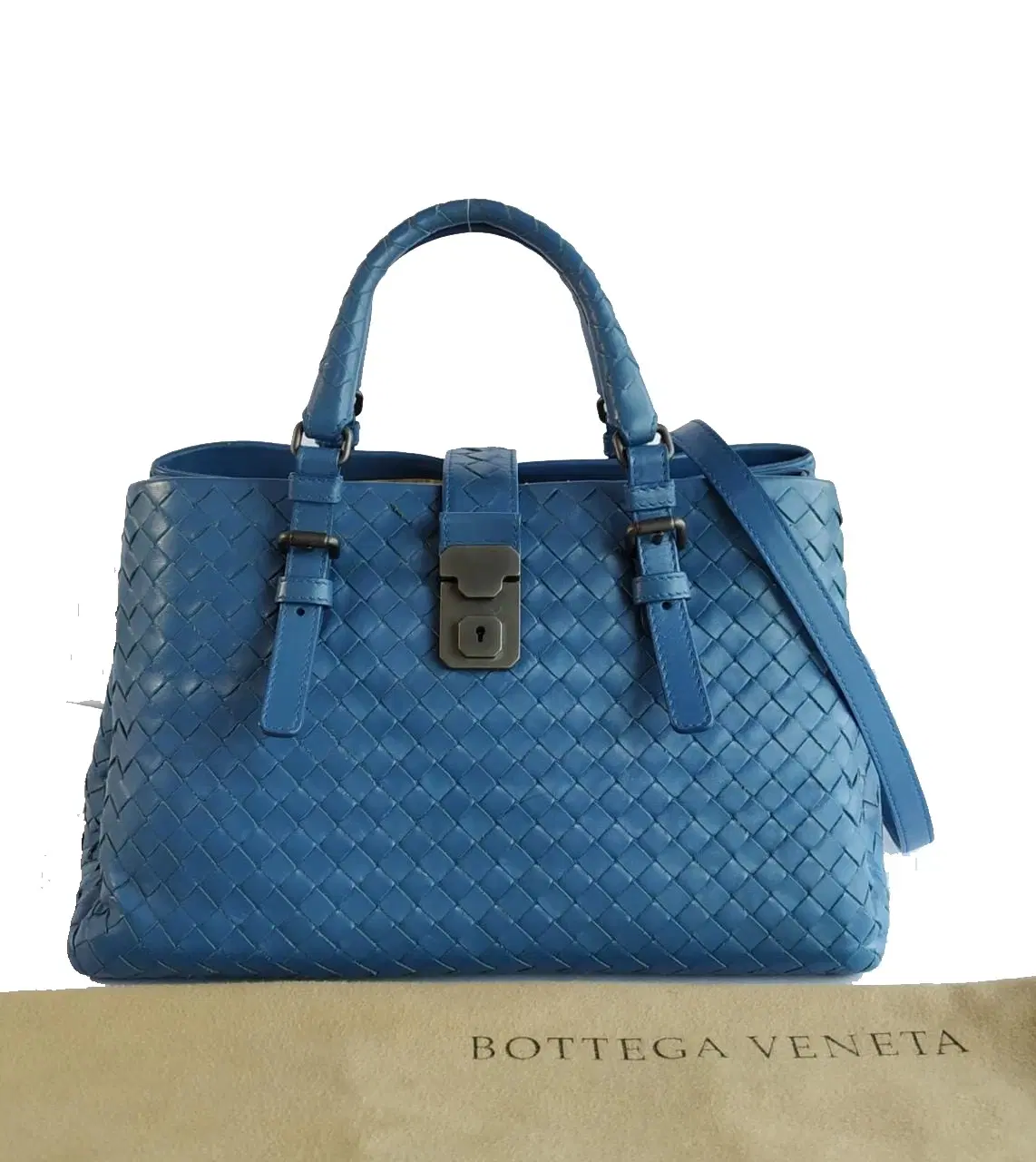 Bottega Veneta Intrecciato Roma Blue Leather Small Tote