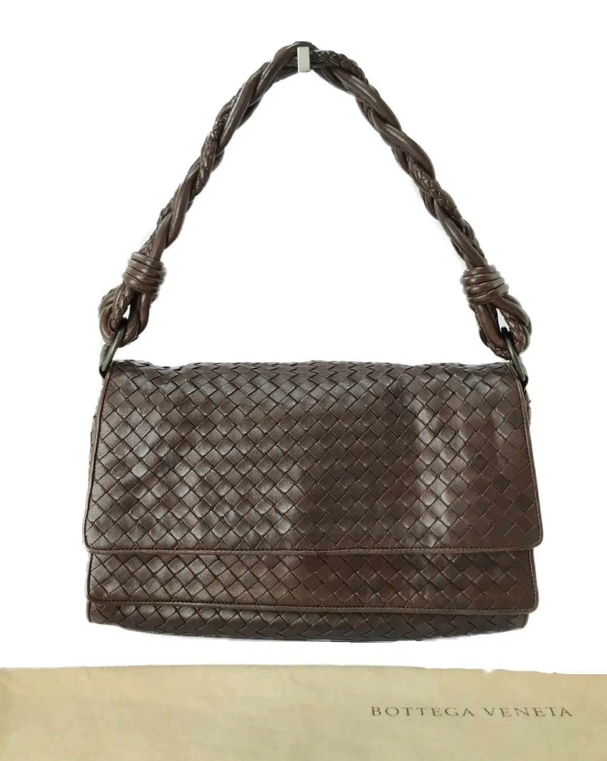 Bottega Veneta Brown Braided Intrecciato Double Flap Shoulder Bag