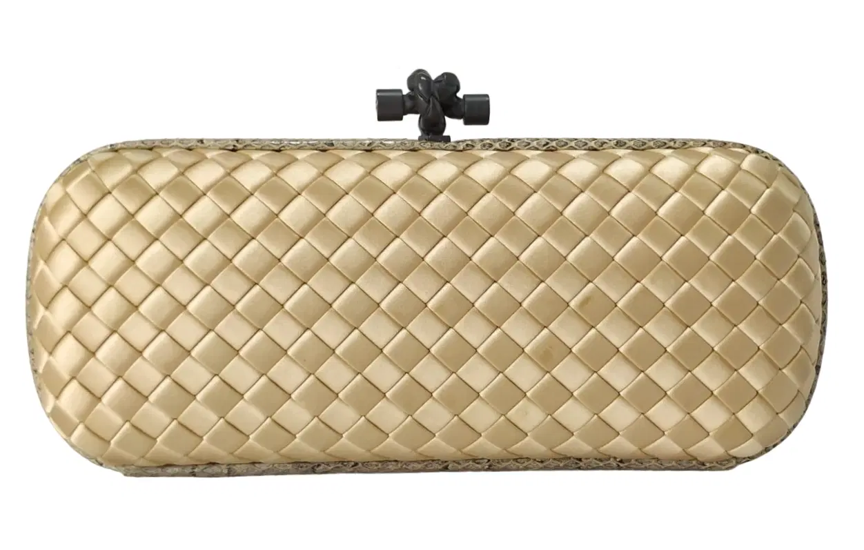 Bottega Veneta Intrecciato Satin And Snakeskin Trim Impero Stretch Knot Clutch