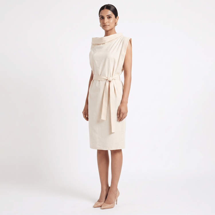 Bottega Veneta Off white Draped Cowl-Neck Sleeveless Dress-Hover-Image