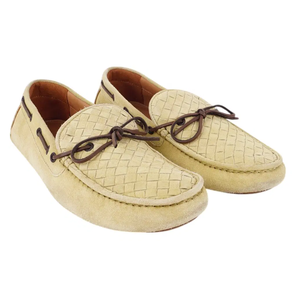 Size 35.5 - Bottega Veneta Beige Intrecciato Suede Bow Slip On Loafers