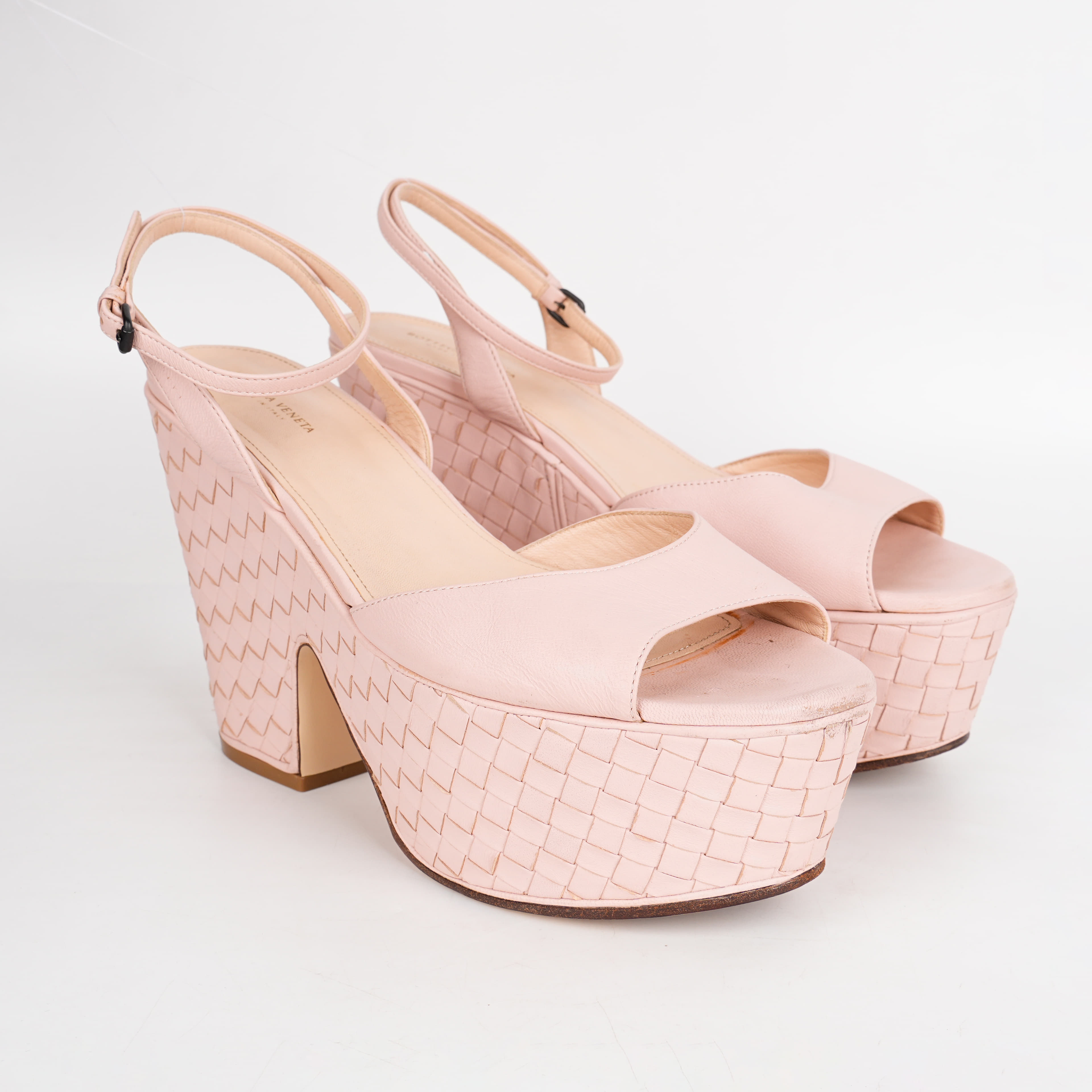 Size 38.5 - Bottega Veneta Pink Leather Platform Ankle Strap