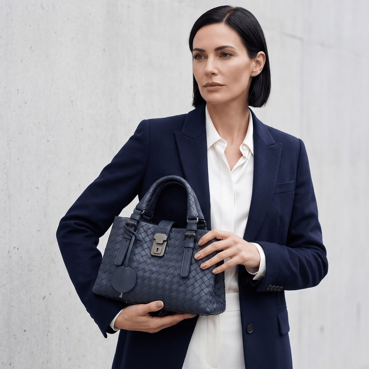 Bottega Veneta Blue Intrecciato Leather Small Roma Tote-Hover-Image