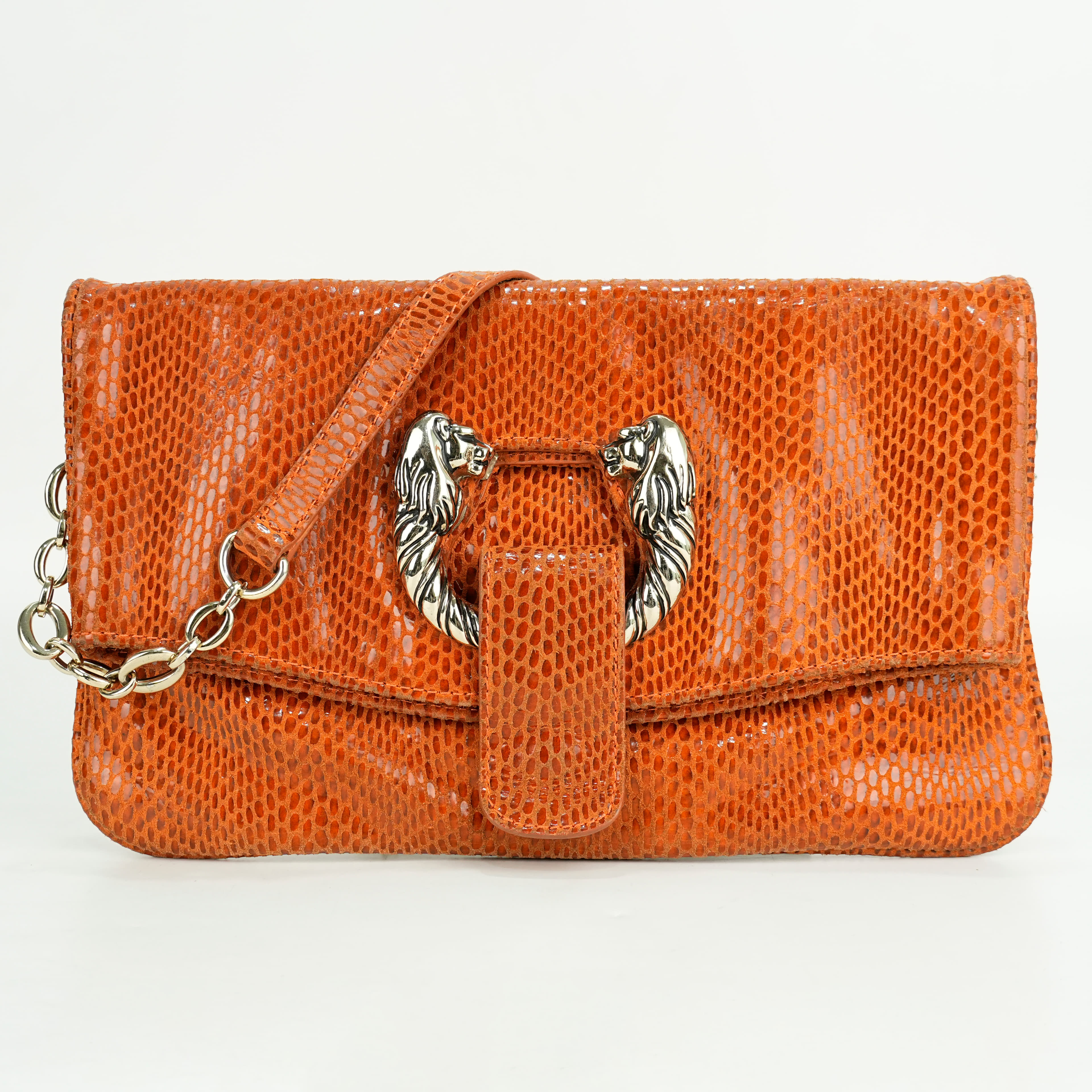 Bvlgari Leoni Lion Head 2 Way Clutch Exotic Embossed Shoulder Bag