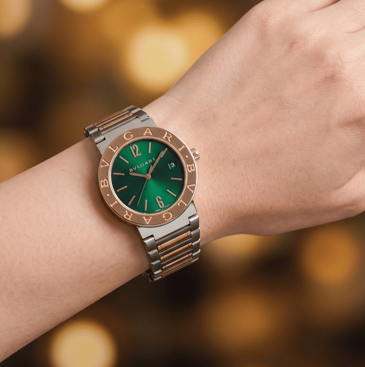 Bvlgari Bvlgari 31-35 MM Steel and Rose Gold Green Dial Quartz Watch-Hover-Image