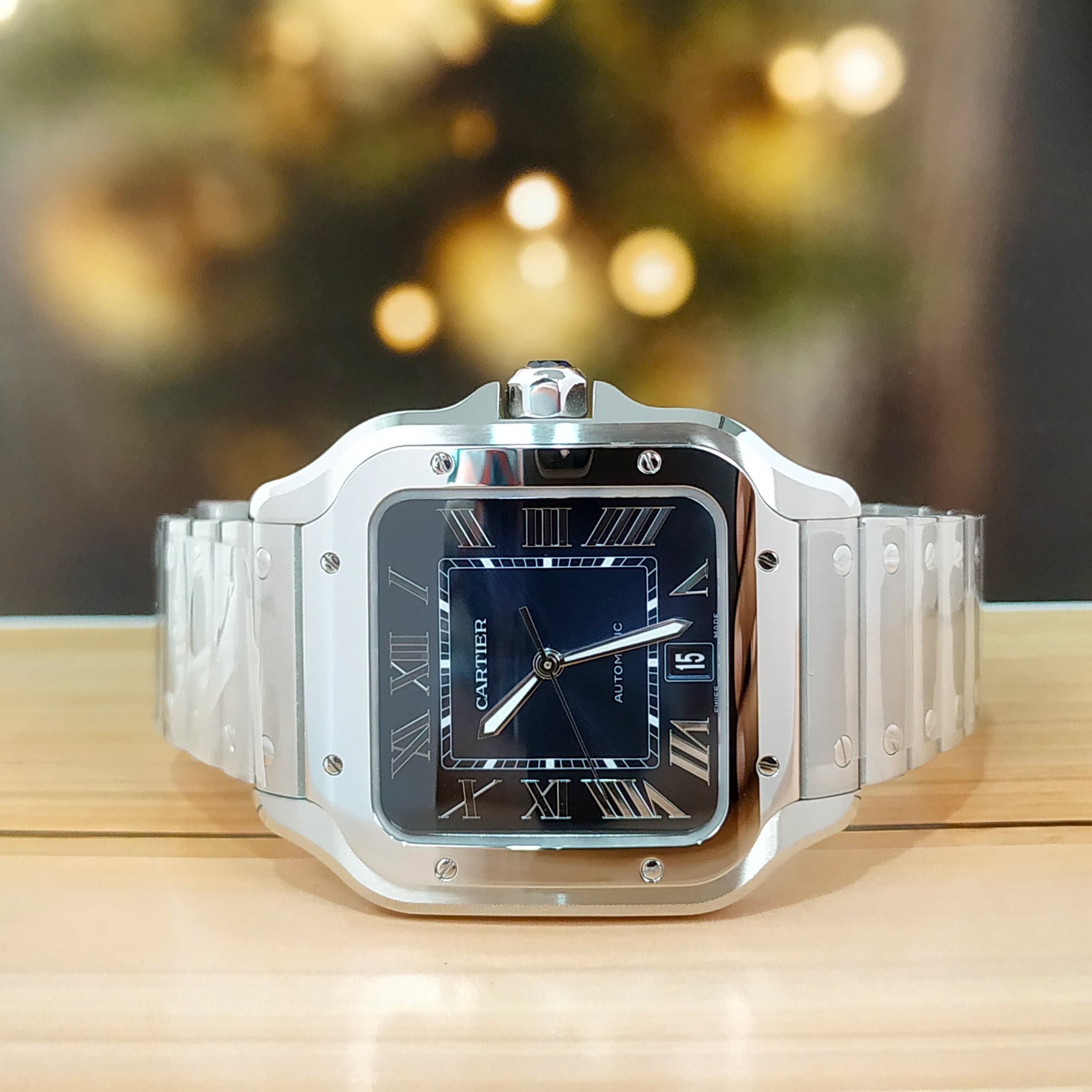 Cartier Santos De Cartier Blue Dial Steel & Leather Bracelet Full Set