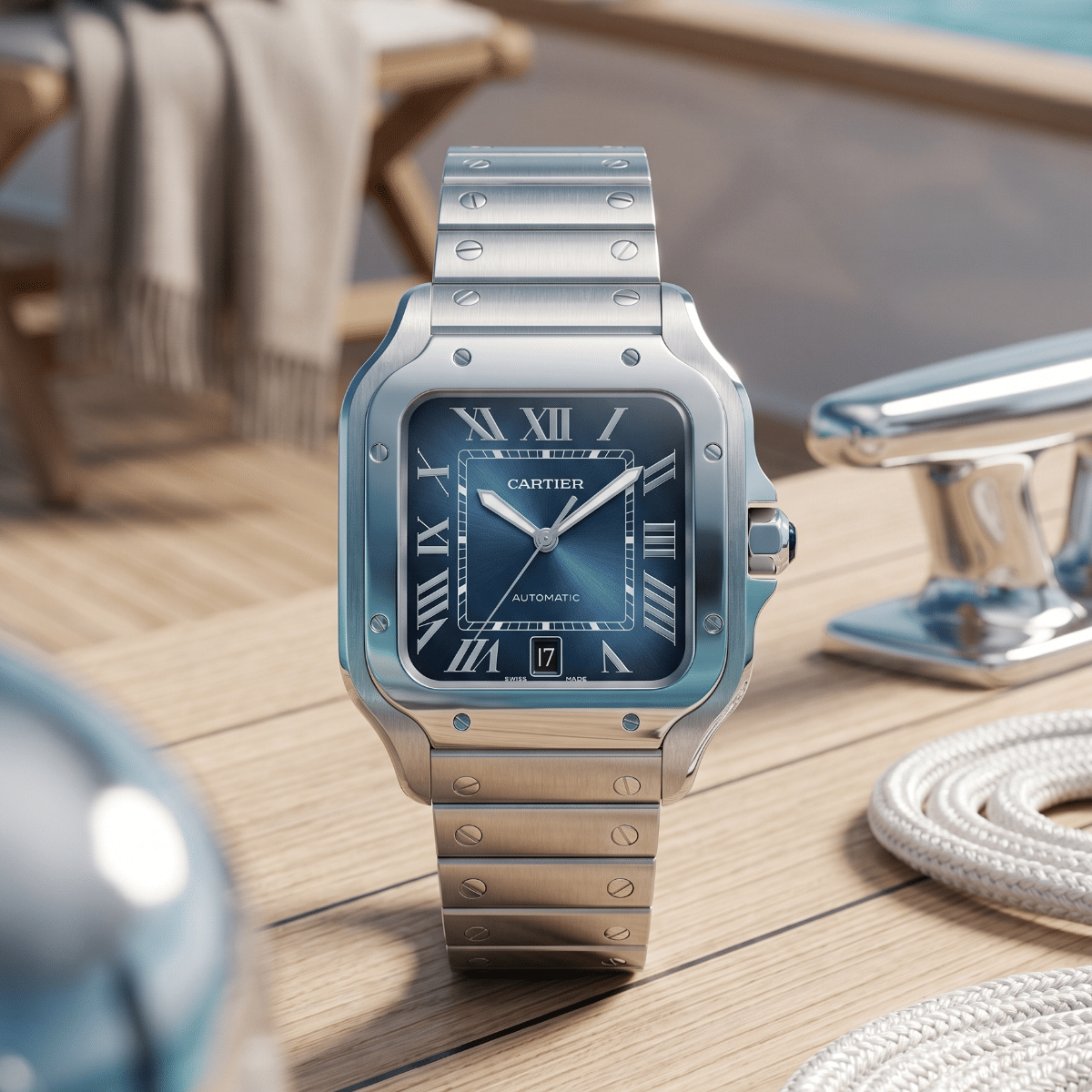 Cartier Santos De Cartier Blue Dial Steel Automatic