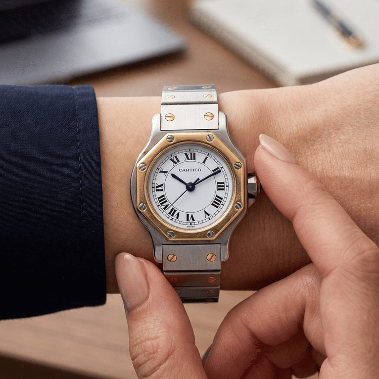 Cartier Santos Octagon 24 MM White Dial Steel & Gold Automatic Watch Ref No. 187903-Hover-Image