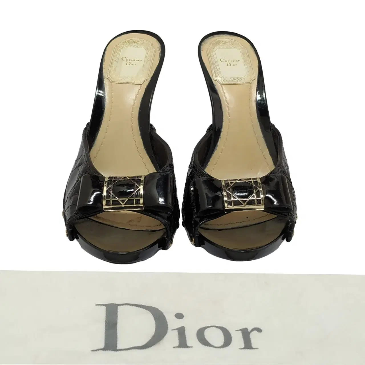 Size 38 - Dior Cannage Black Patent Leather Metal Bow Heels