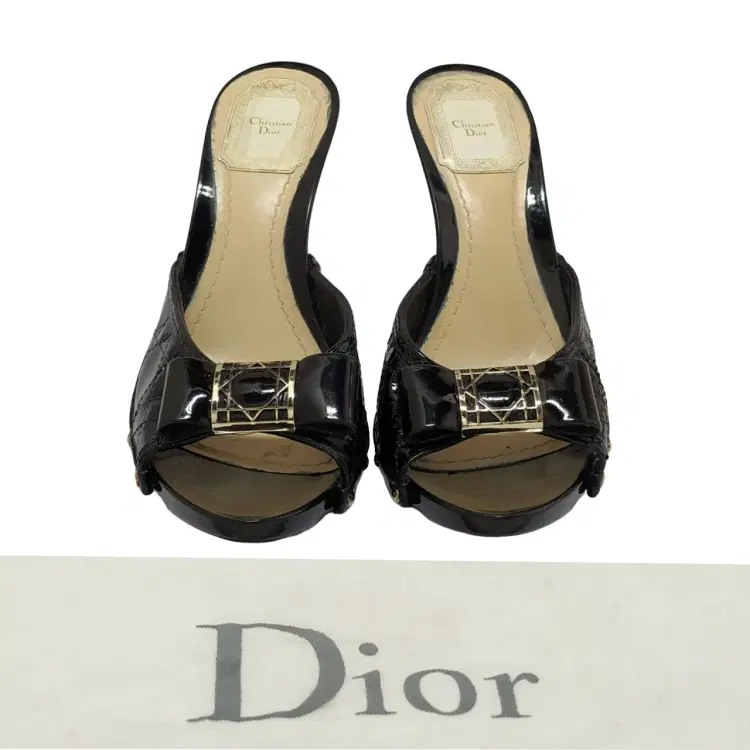 Size 38 - Dior Cannage Black Patent Leather Metal Bow Heels-Hover-Image