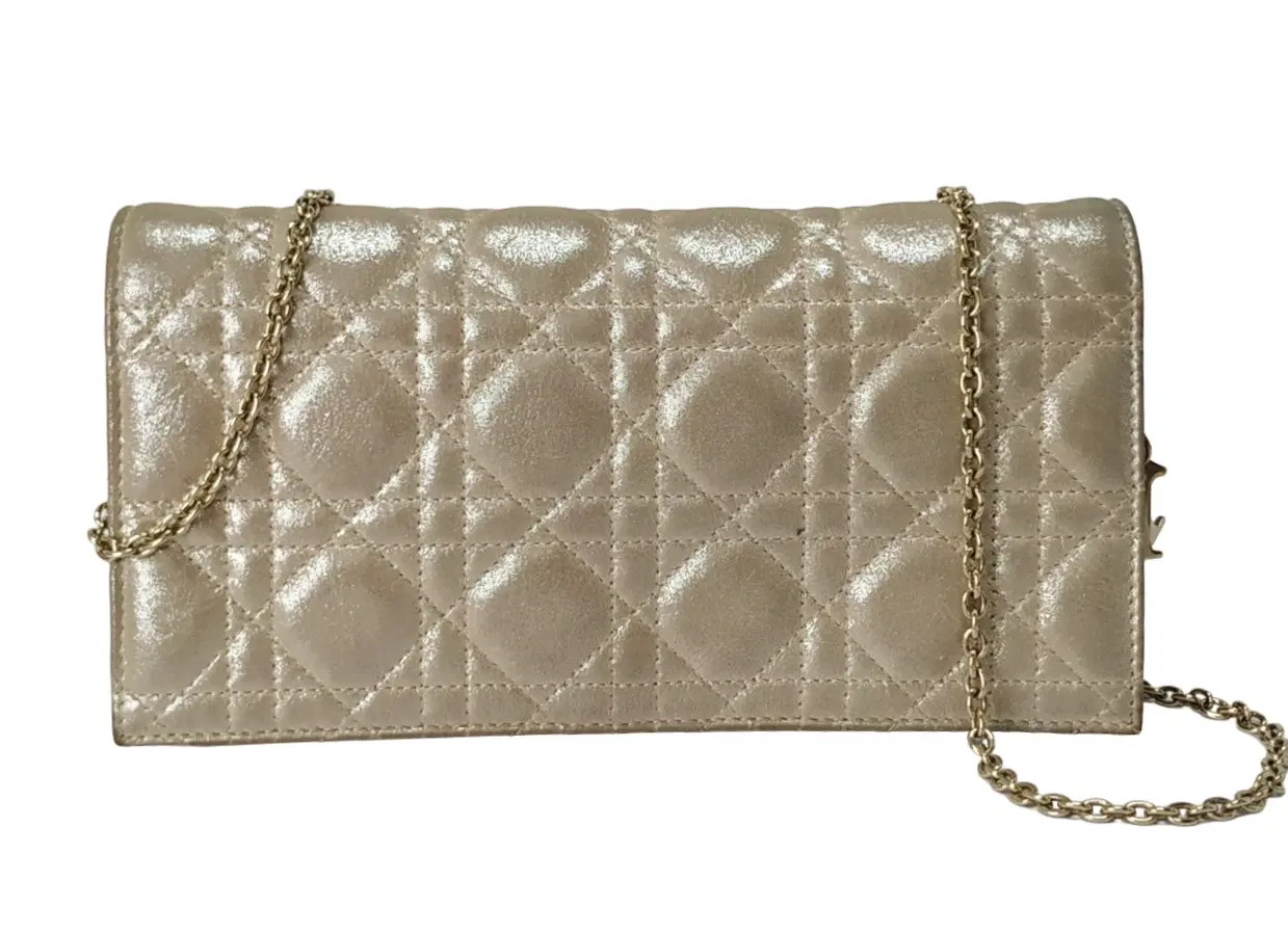 Dior Metallic Gold Cannage Leather Lady Dior Chain Clutch