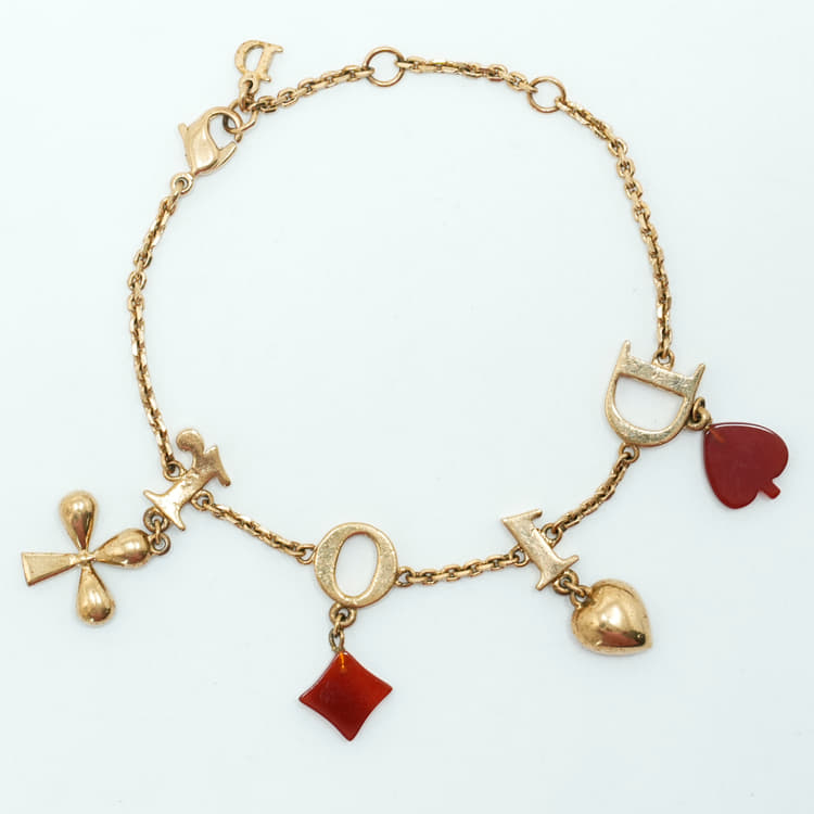 Dior Logo Charm Crystal Resin Gold Tone Bracelet Adjustable-Hover-Image