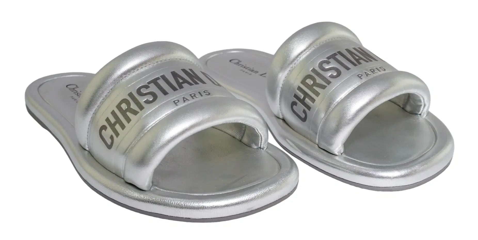 Size 37 - Christian Dior Metallic Lambskin Embossed Every-D Flat Silver Sliders