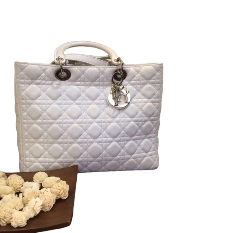 Christian Dior White Cannage Quilted Lambskin Leather Large Lady Dior Bag