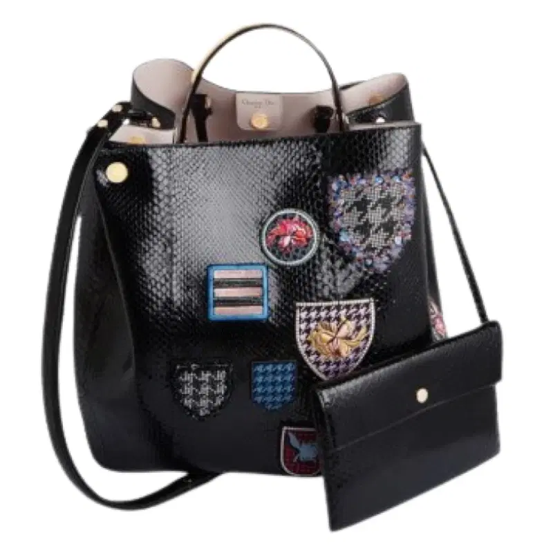 Dior Diorific Black Shiny Python Embroidered Patch Bucket Bag