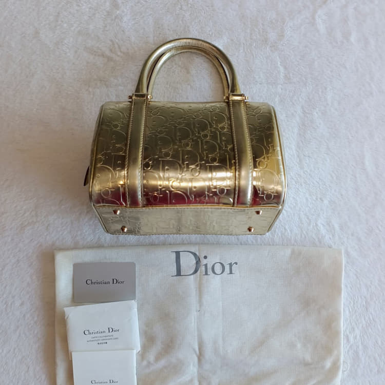Dior Metallic Gold Oblique Monogram Leather Boston Bag-Hover-Image