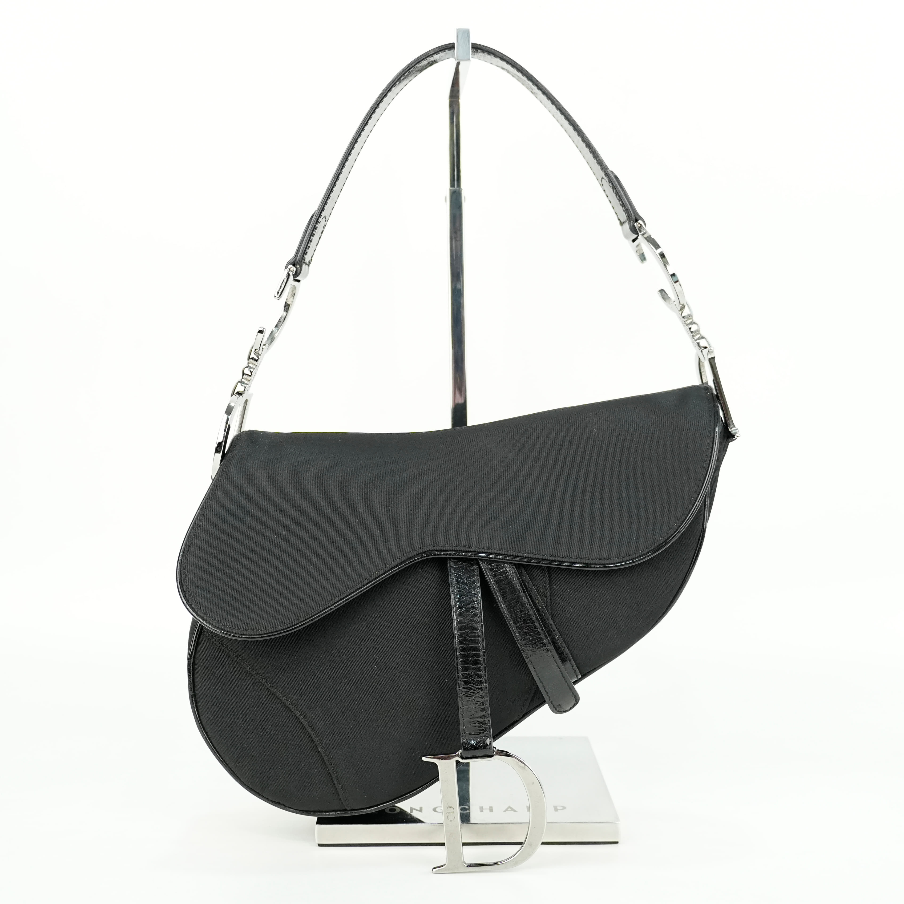 Dior Black Nylon and Patent Leather Saddle Bag