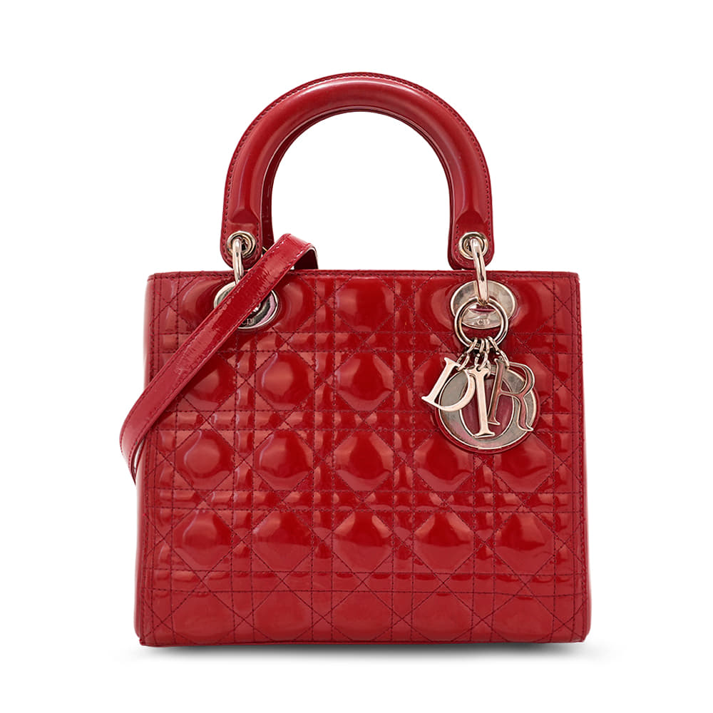 Lady Dior Red Patent Cannage Quilted Leather Medium Tote