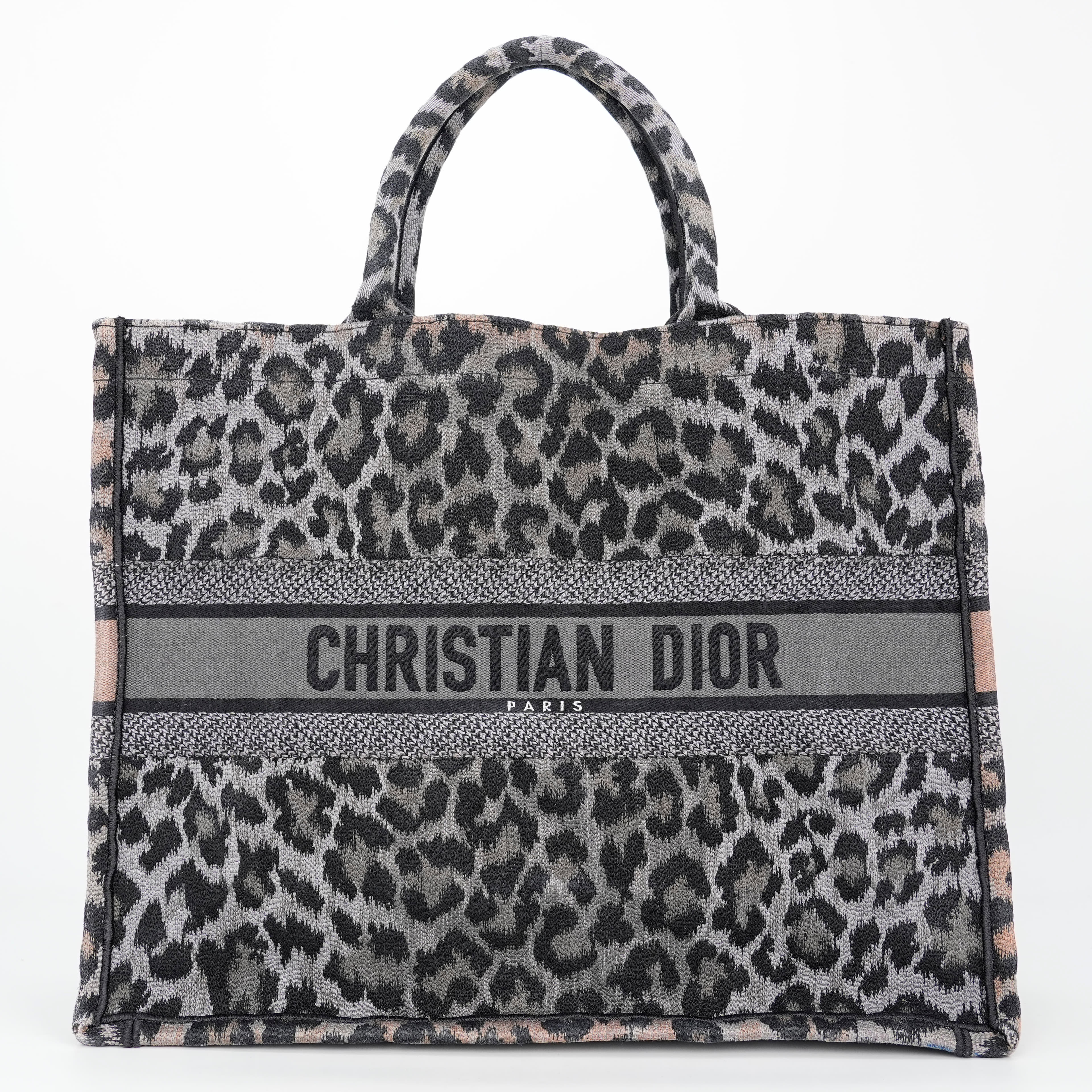 Christian Dior Book Tote in a grey and black leopard-printed canvas
