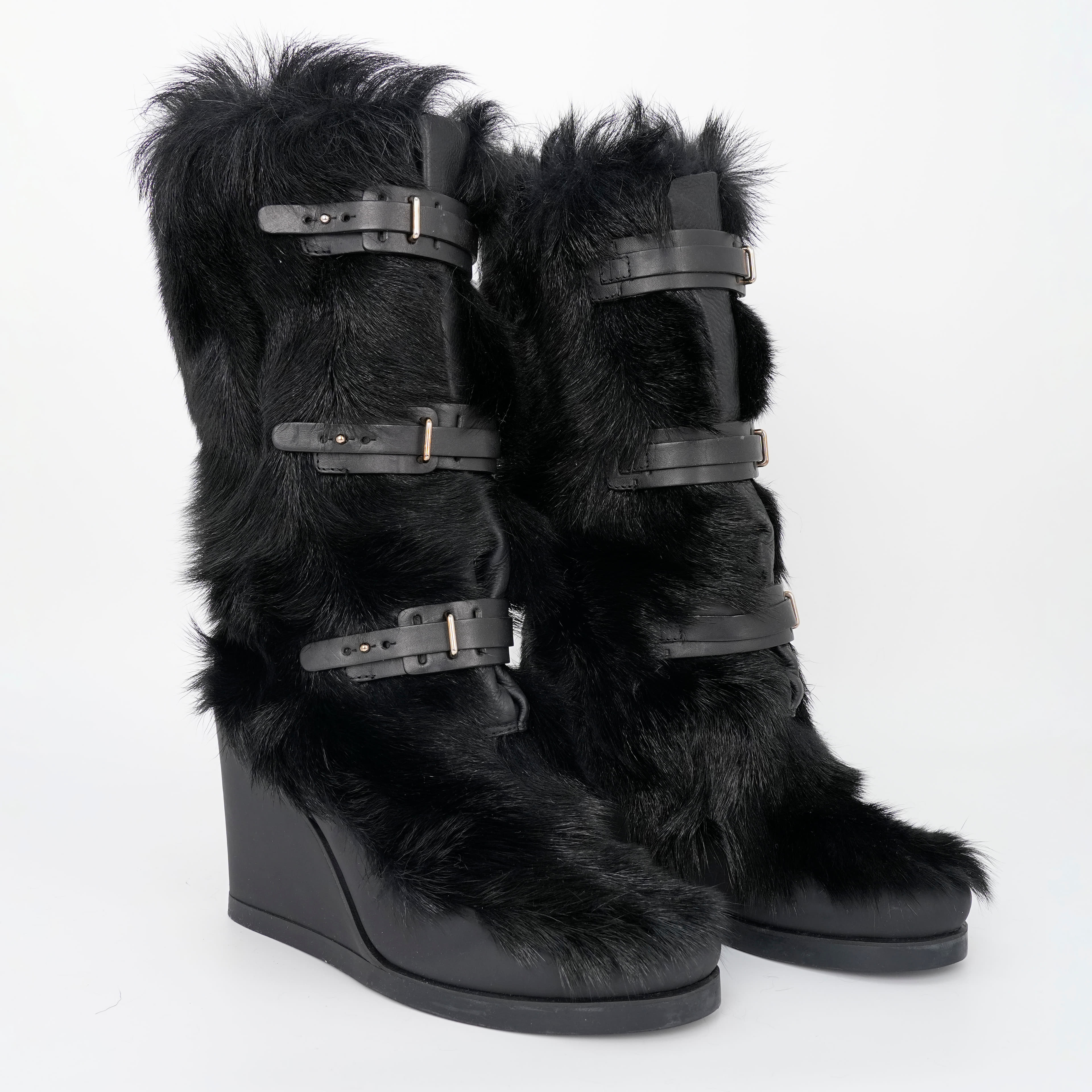 Celine Black Leather Fur Wedge Boots