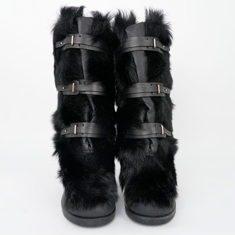 Celine Black Leather Fur Wedge Boots-Hover-Image