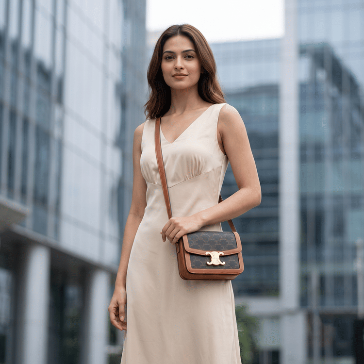 CELINE TEEN TRIOMPHE BAG IN Triomphe Canvas and Calfskin IN Tan-Hover-Image