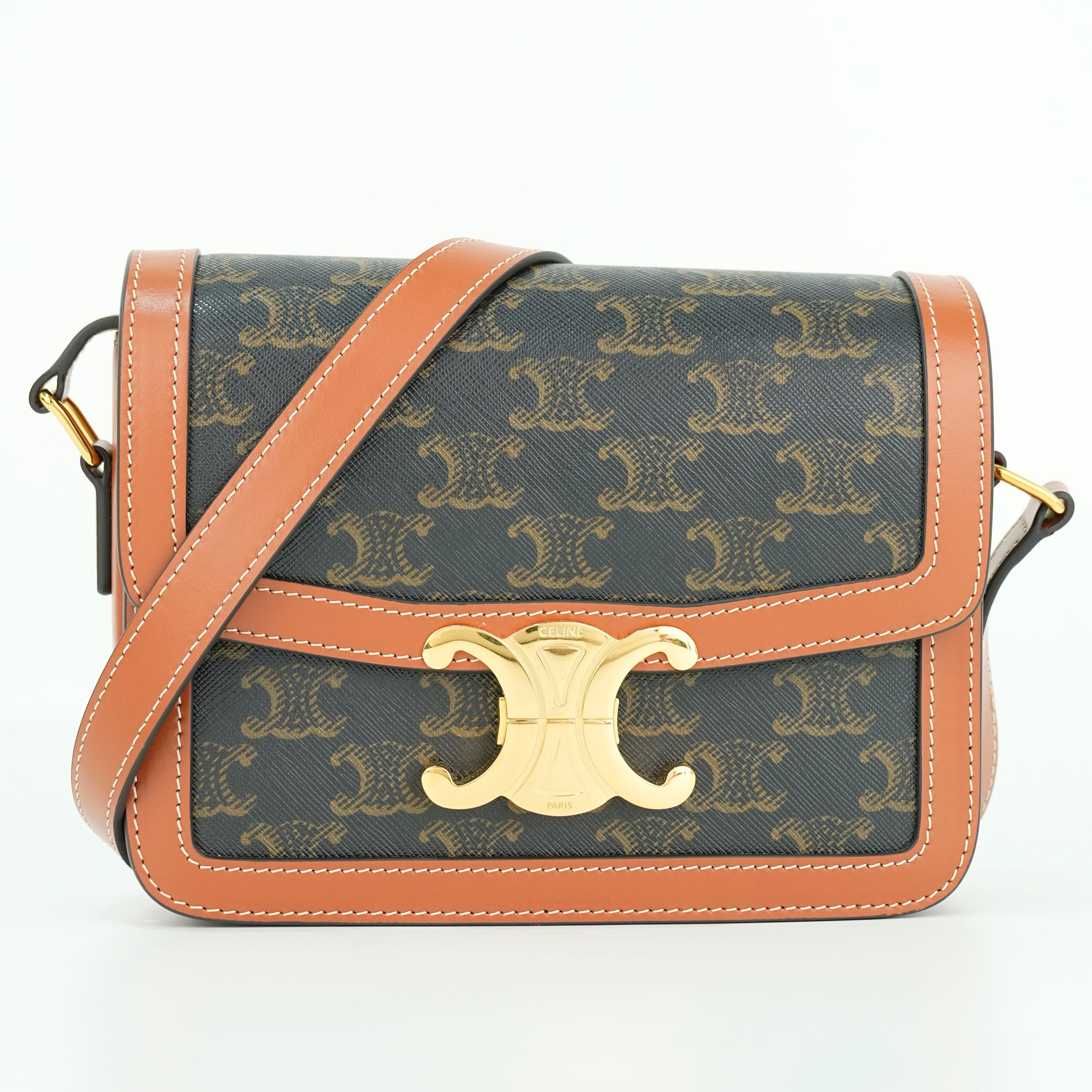 CELINE TEEN TRIOMPHE BAG IN Triomphe Canvas and Calfskin IN Tan