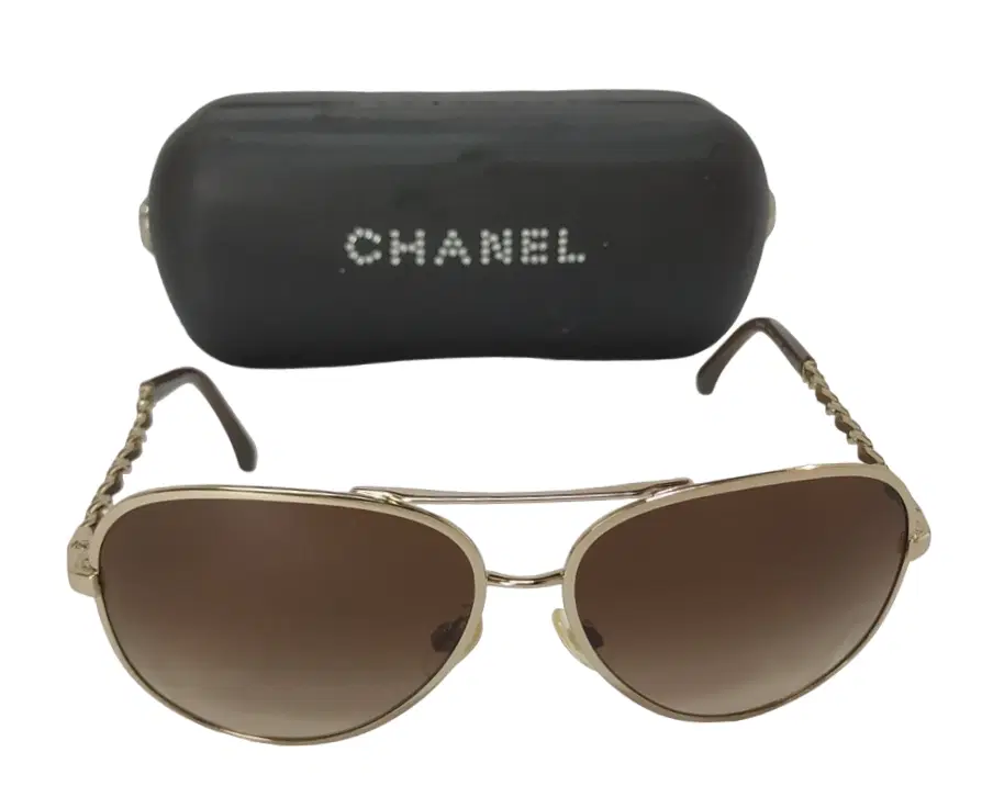 Chanel Gold Tone/ Brown Leather Chain Link Aviator Sunglasses