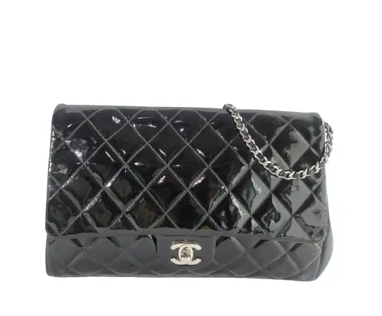 Chanel Classic Black Quilted Patent Leather Chain Clutch