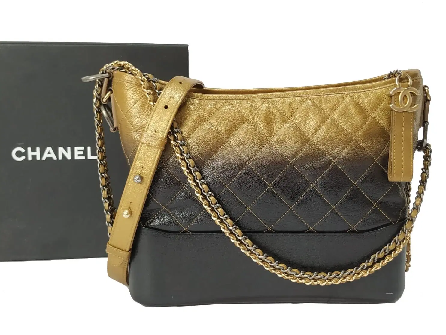 Chanel Black & Gold Ombre Quilted Goatskin Medium Gabrielle Hobo Bag