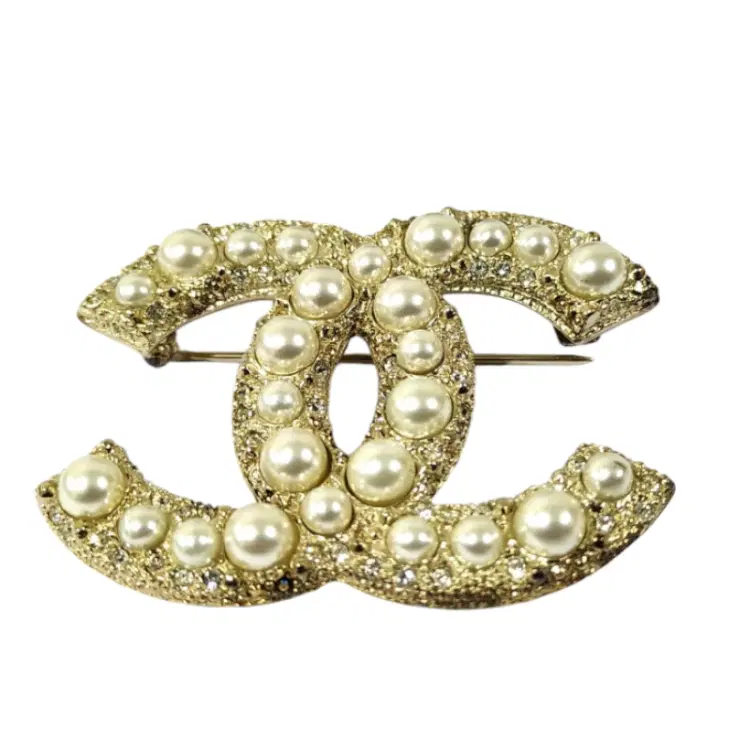 Chanel CC Logo Pin Crystal Gold Brooch-Hover-Image