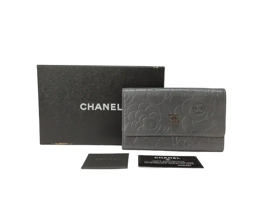Chanel Grey Embossed Leather Camellia Bifold Flap Wallet