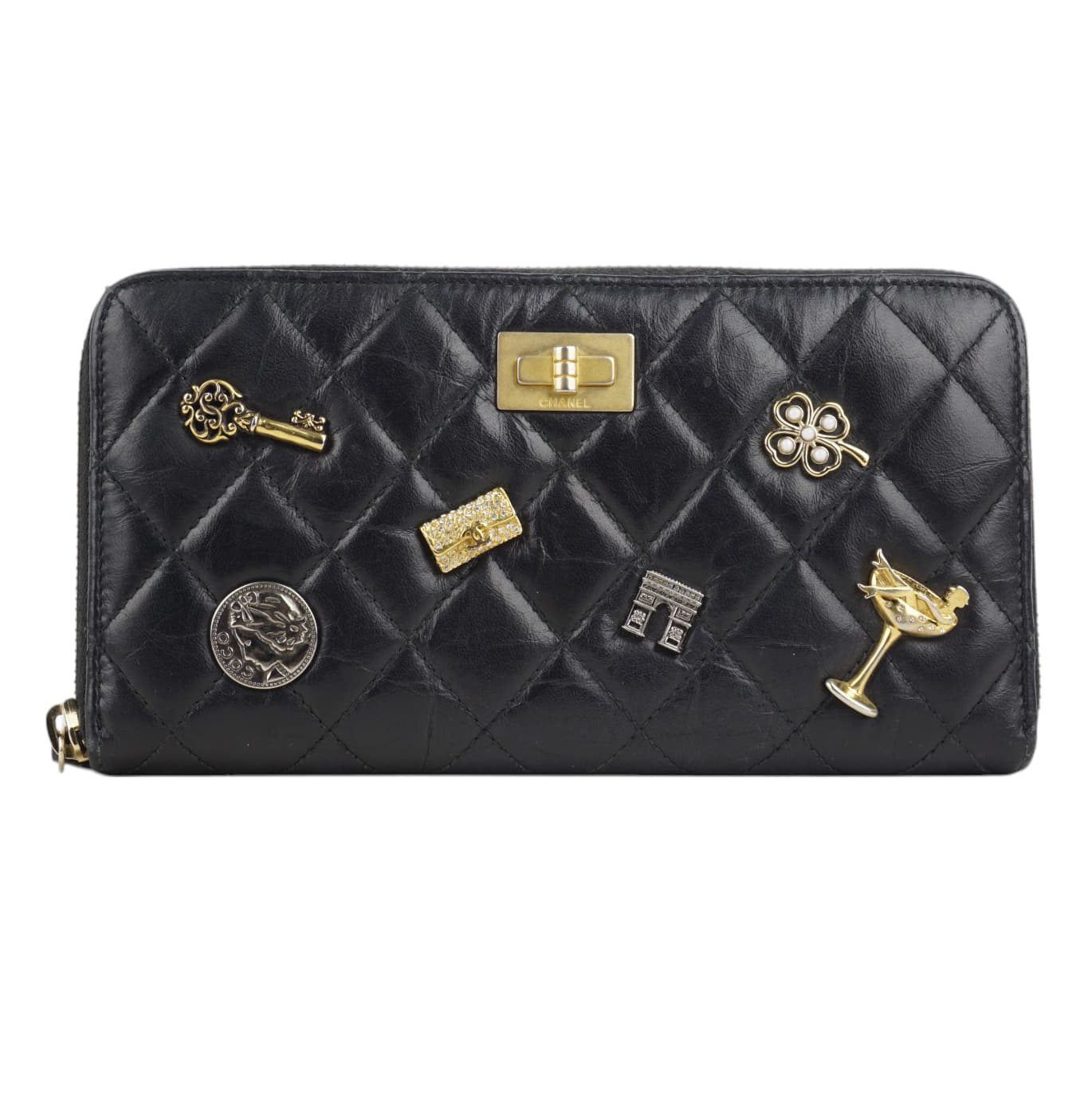 Chanel Aged Calfskin Quilted Lucky Charms 2.55 Reissue Zip Around Wallet Black