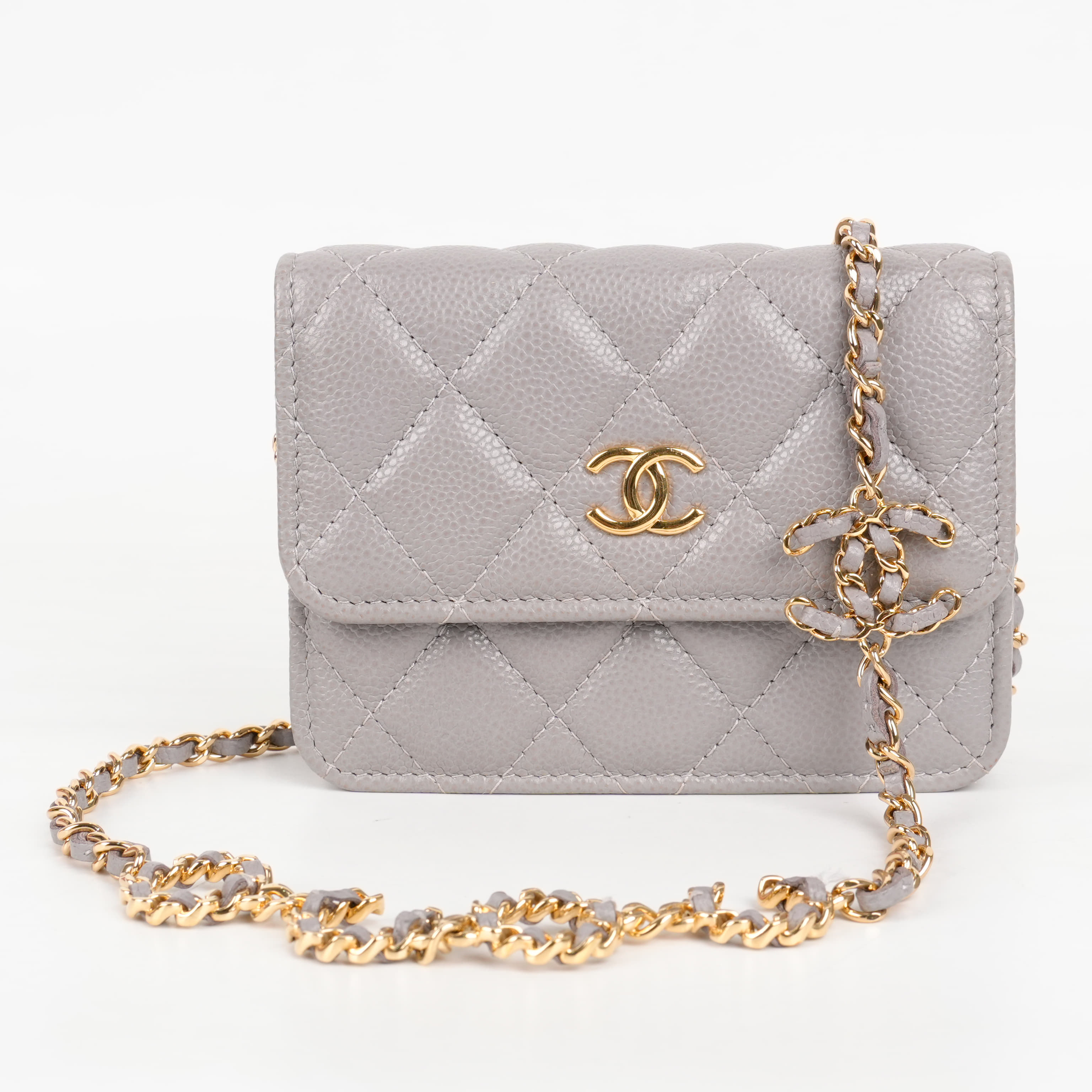 Chanel 21B Grey Caviar Leather Coco Chain O-Case Small Wallet On Chain