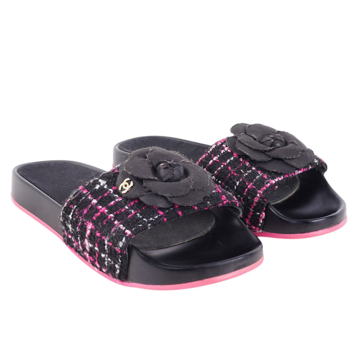 Size 38 - Chanel Black And Pink Tweed Camellia Embellished Flat Slides