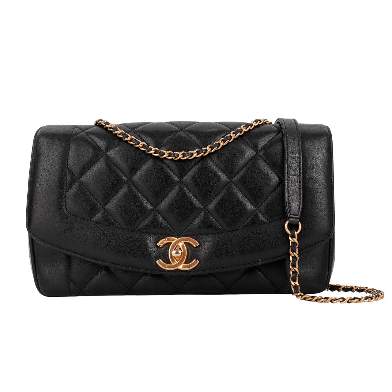 Chanel Diana Flap Shoulder Bag In Black Lambskin With Gold Hardware