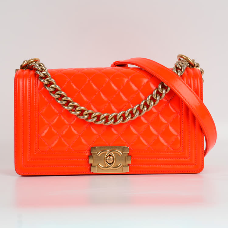 Chanel Orange Fluo Quilted Patent Leather Medium Boy Bag-Hover-Image