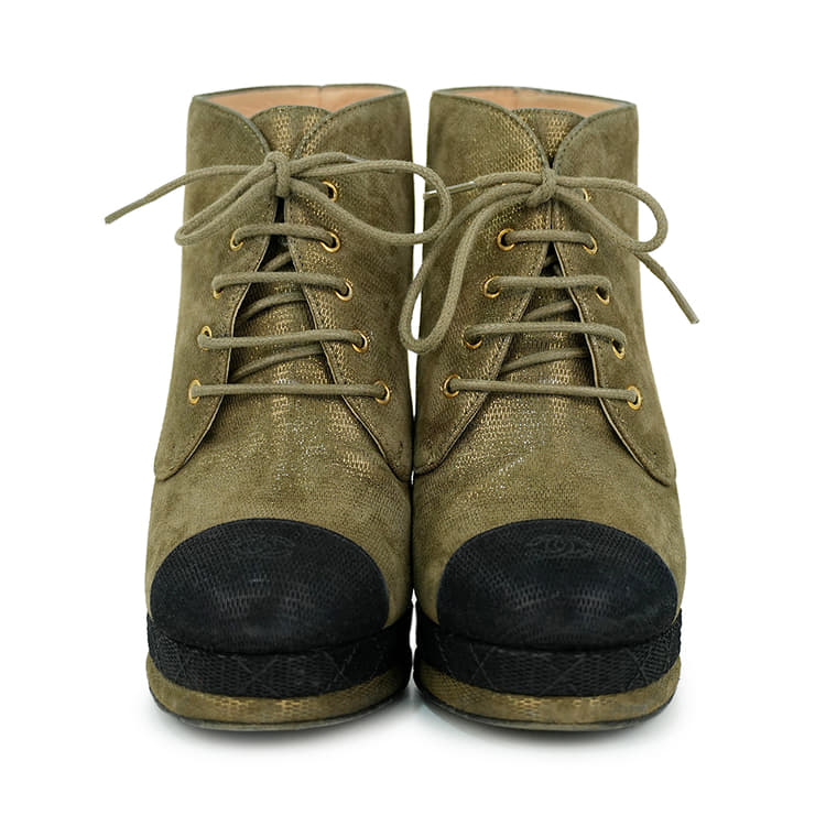 Chanel Glitter Suede Cap Toe Lace Up Booties, Size 37-Hover-Image