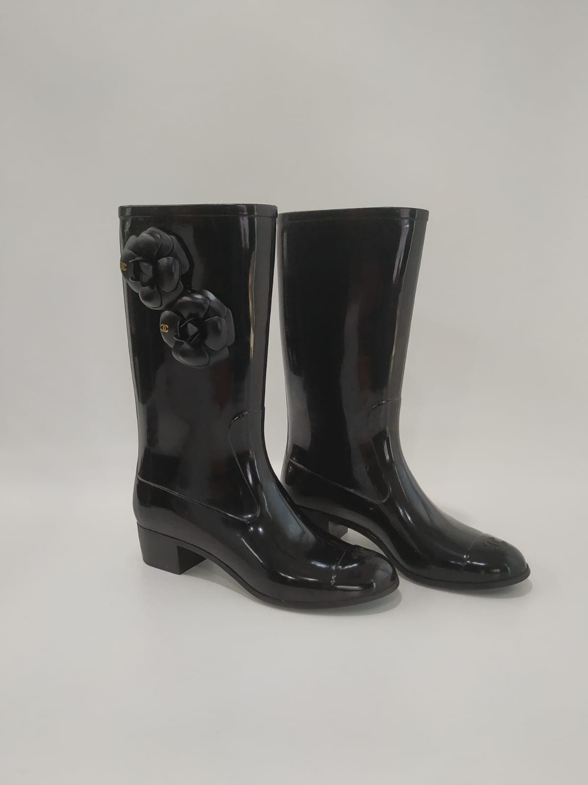 Chanel Black Rubber Camellia Flower Rain Boots, Size 40