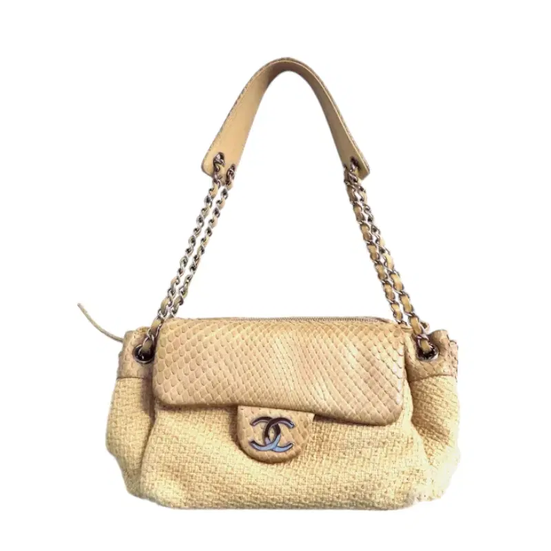 Chanel Beige Linen & Python Small Accordion Shoulder Bag
