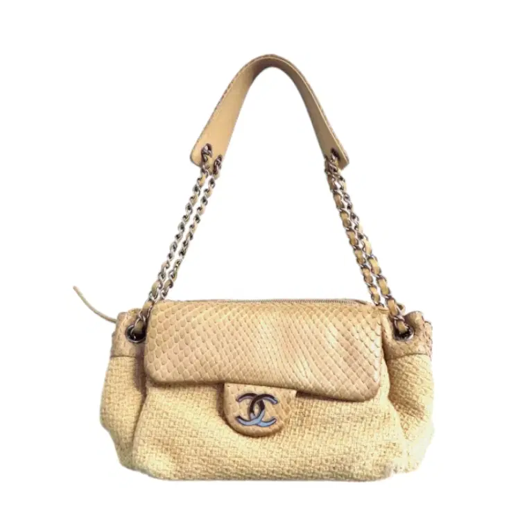 Chanel Beige Linen & Python Small Accordion Shoulder Bag-Hover-Image