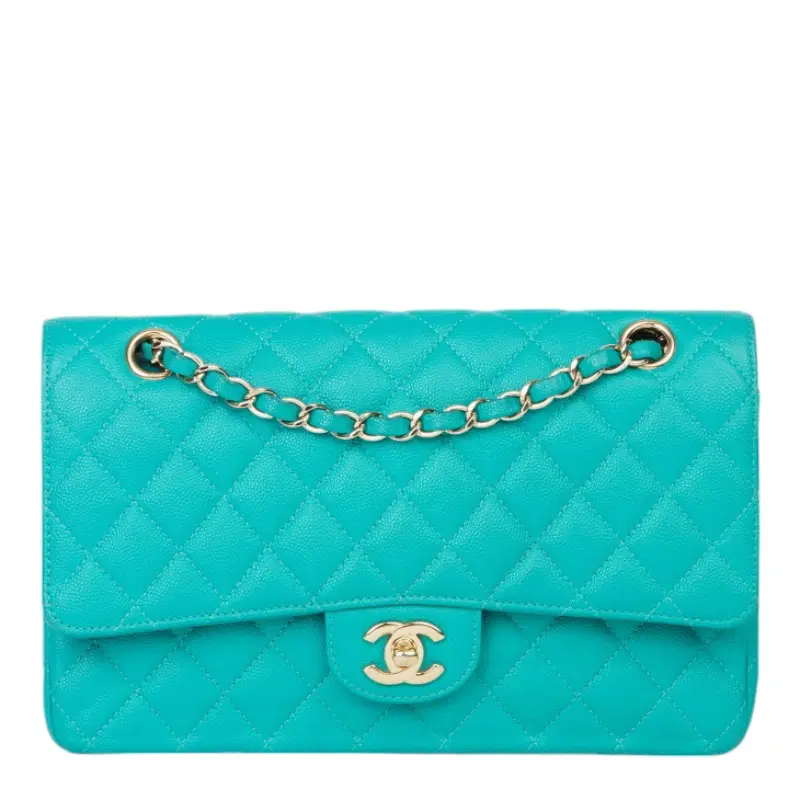 Chanel Classic Turquoise Quilted Caviar Leather Medium Double Flap Bag