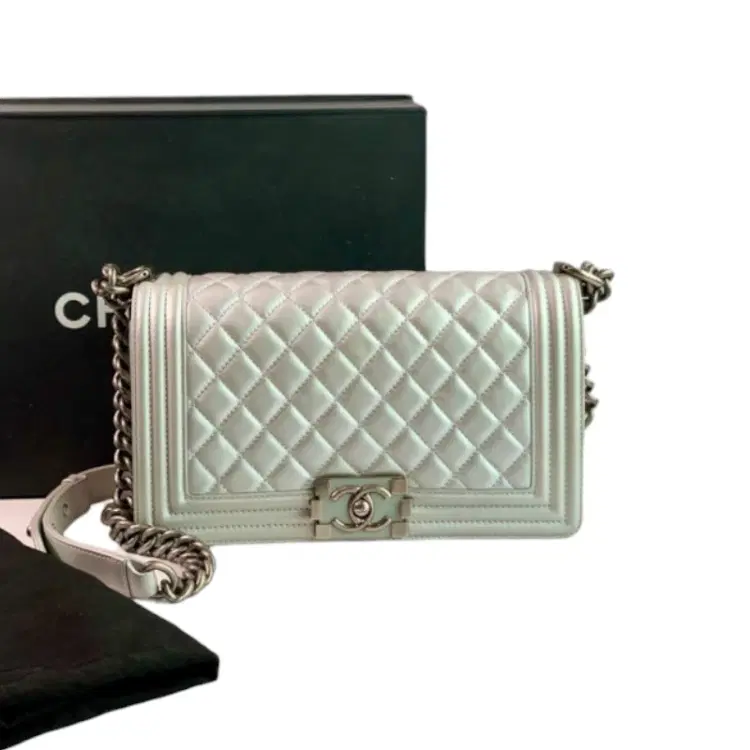 Chanel Silver Quilted Patent Leather Medium Boy Flap Bag-Hover-Image