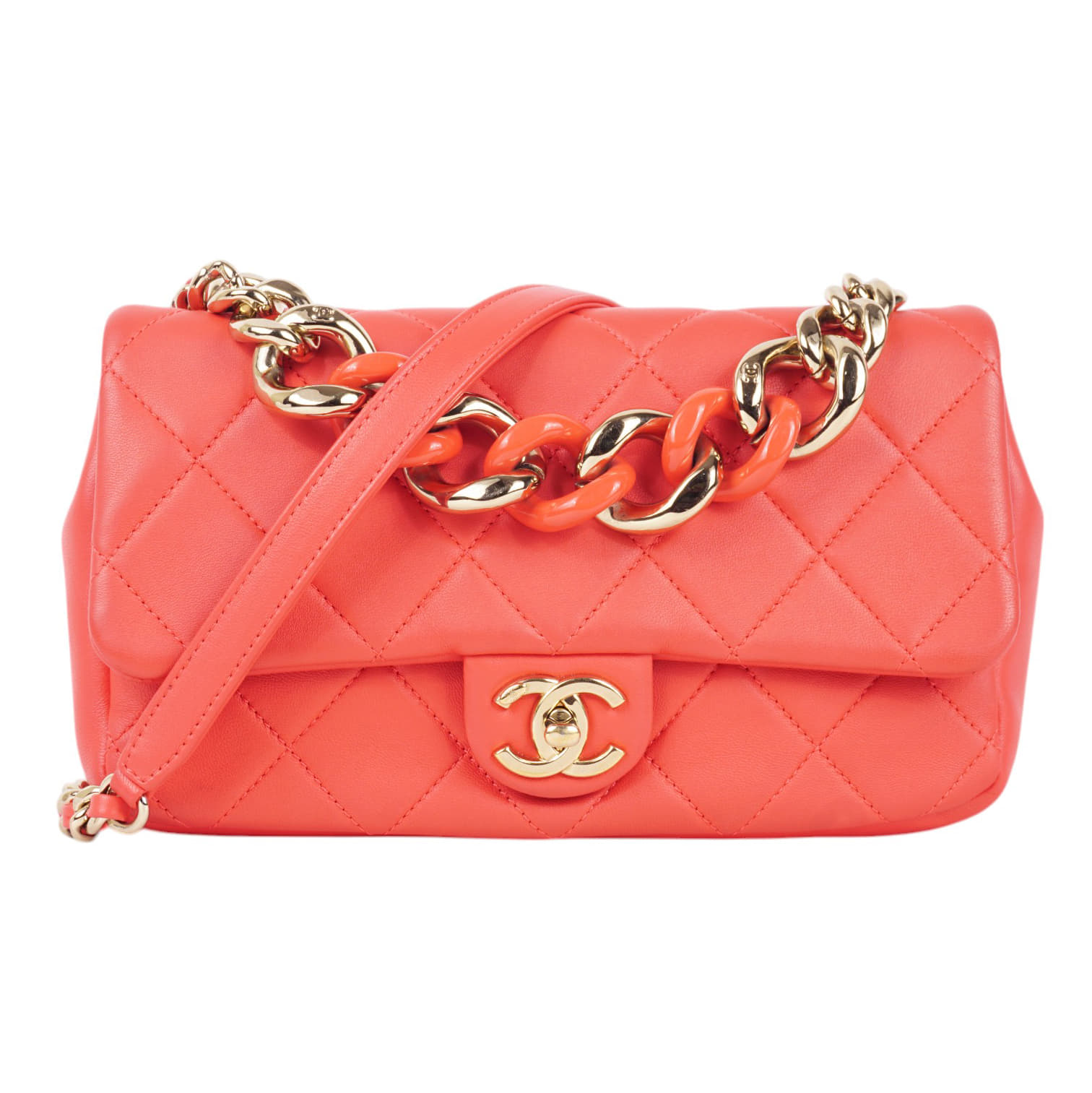 Chanel Lambskin Quilted Resin Bi-Color Chain Flap Bag Red