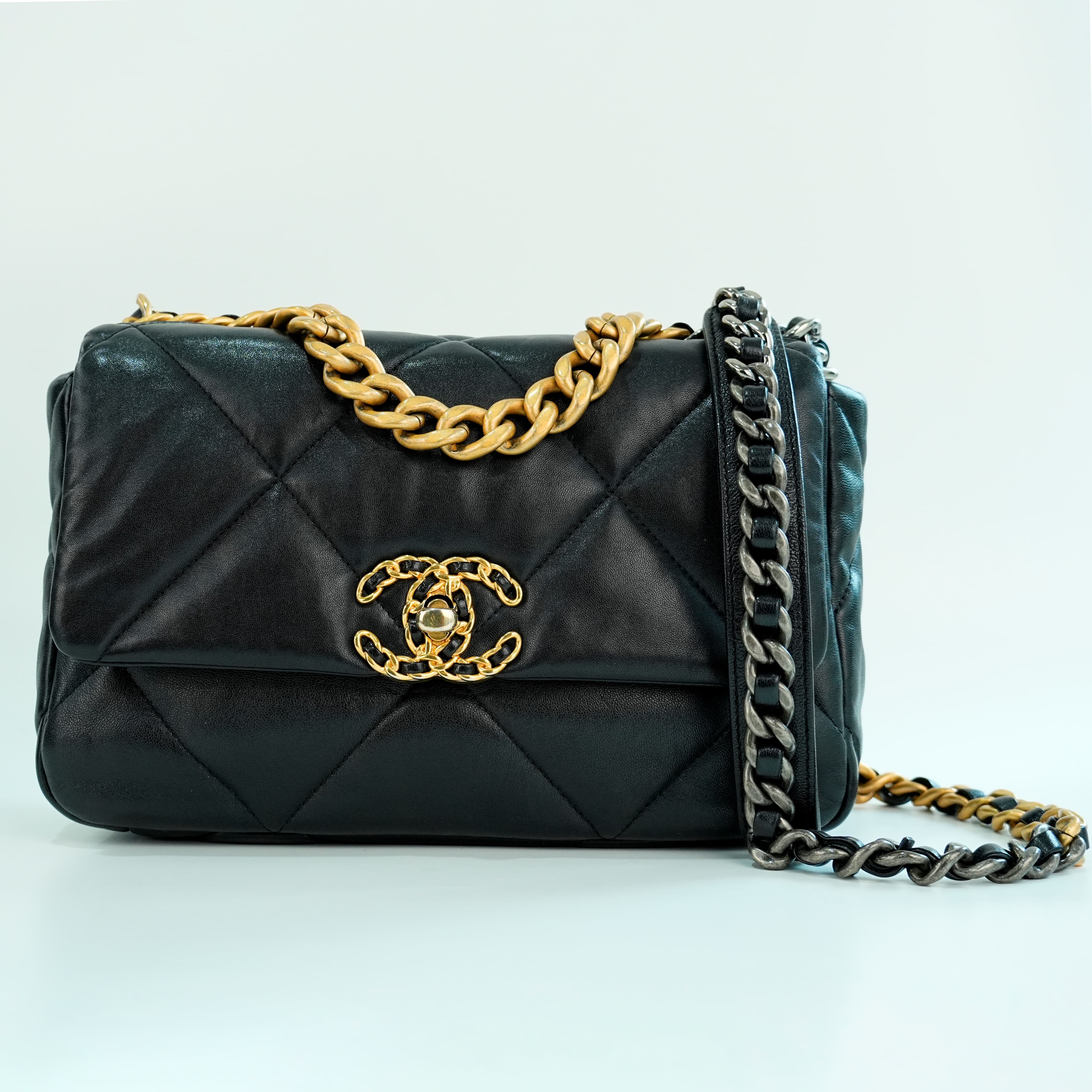 Chanel 19 Shiny Lambskin, Gold-Tone, Silver-Tone & Ruthenium-Finish Metal in Black