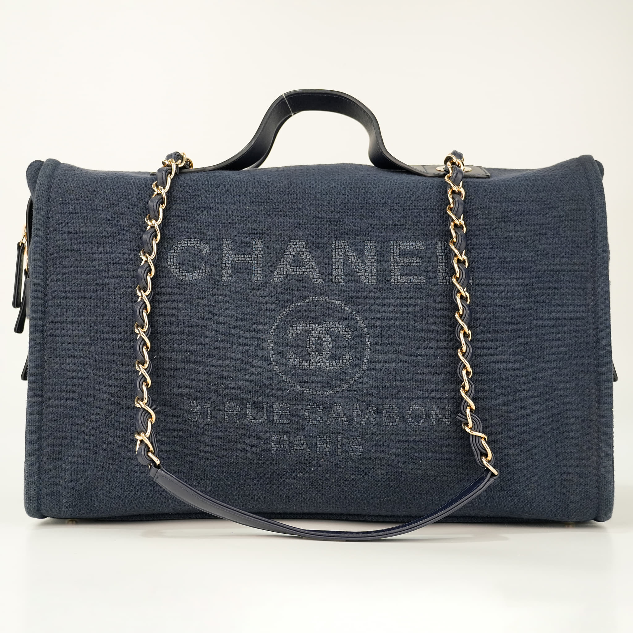 Chanel Mixed Fibers Large Deauville Bowling Bag Navy Blue