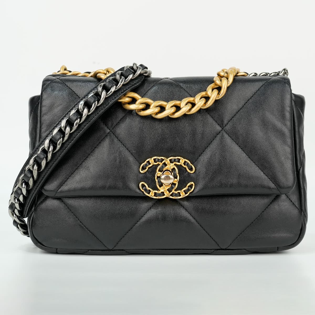 CHANEL 19 Handbag in Shiny Lambskin Gold-Tone Silver-Tone & Ruthenium-Finish Metal Black