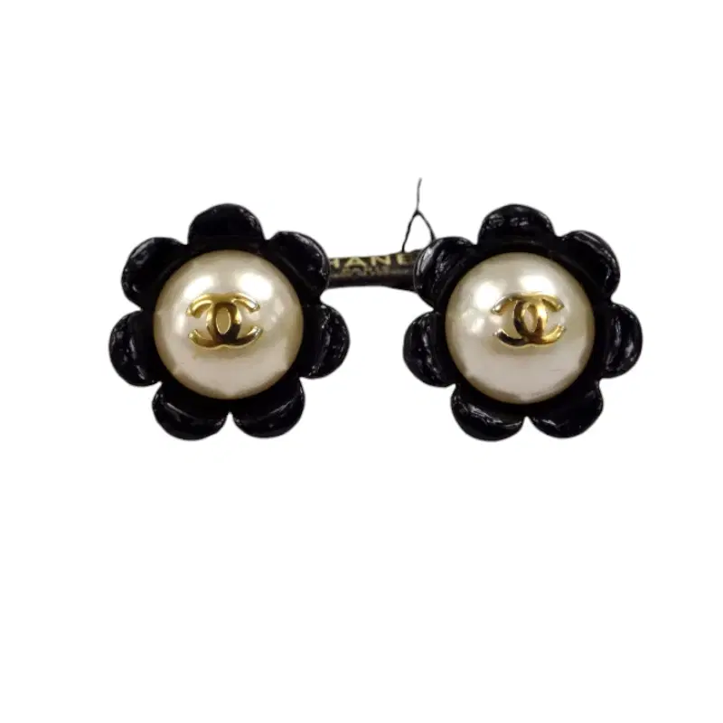 Chanel COCO on Pearl Black Petal Flower Clipped Earrings